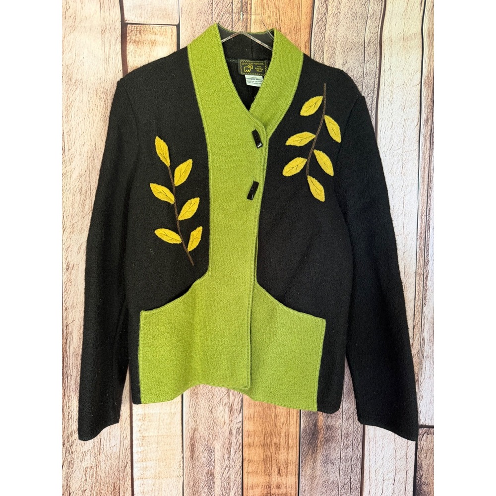 South Wool Wool Cardigan Jacket Leaf Appliqué Art to Wear Whimsical Size Medium